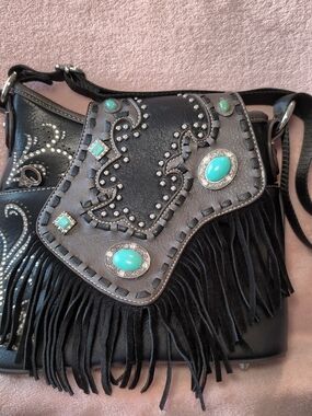 Montana West Black Fringe Crossbody Bag with Turquoise Accents